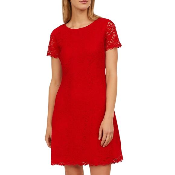 J. Crew Red Lace Short Sleeve Crew Neck A-Line Mini Dress Size 2 Small - Picture 1 of 5